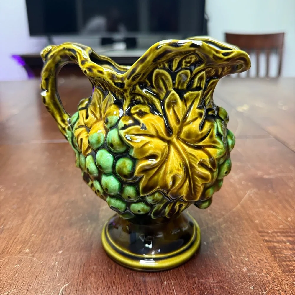 Vintage Japan Ceramic Grape Pitcher Small Green Gold Majolica Style 5.5in